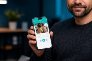 Pessoa segurando celular com o app Tindau mostrando cachorro para adoção em Bauru